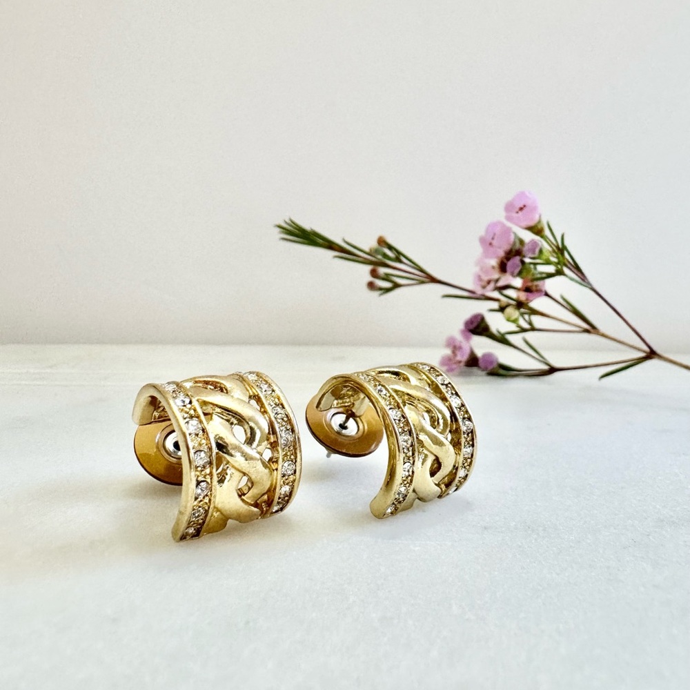 Vintage Monet Crystal-Accented Gold-Tone Twisted Hoop Earrings